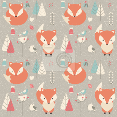 Behang Staande en slapende vossen tussen bladeren en vogels