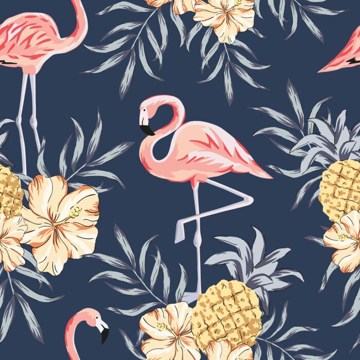 Behang Staande flamingo's en bloemen op een motief met een marineblauwe achtergrond