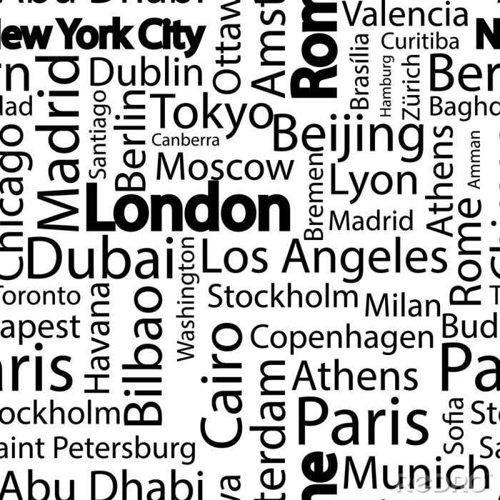 Behang Steden van de wereld naadloze patroon. De namen van de steden van de wereld. Kunst naadloze vector patroon achtergrond met namen van steden. Naadloos patroon met namen van steden.