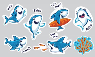 Sticker met grappige haaien in cartoon stijl. Vector illustratie