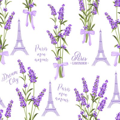 Behang Stoffenpatroon met lavendelbloemen en de toren van Eiffel. Naadloze achtergrond voor stoffenontwerp. Vector illustratie.