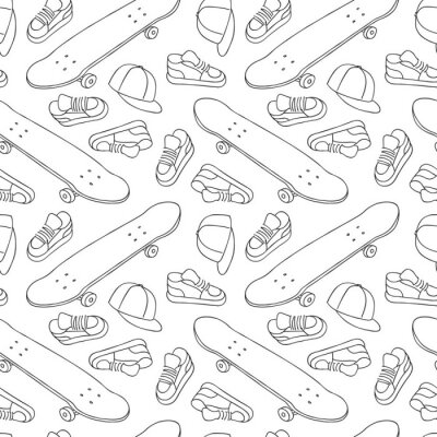 Behang Straat Skateboarding Naadloos Patroon in Zwart-wit. Repetitive Textuur met de hand getekende Skateboards, Sneakers en Caps. Vector Lifestyle Achtergrond