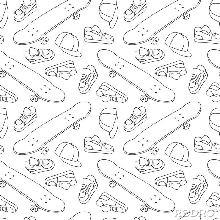 Behang Straat Skateboarding Naadloos Patroon in Zwart-wit. Repetitive Textuur met de hand getekende Skateboards, Sneakers en Caps. Vector Lifestyle Achtergrond