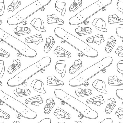 Behang Straat Skateboarding Naadloos Patroon in Zwart-wit. Repetitive Textuur met de hand getekende Skateboards, Sneakers en Caps. Vector Lifestyle Achtergrond