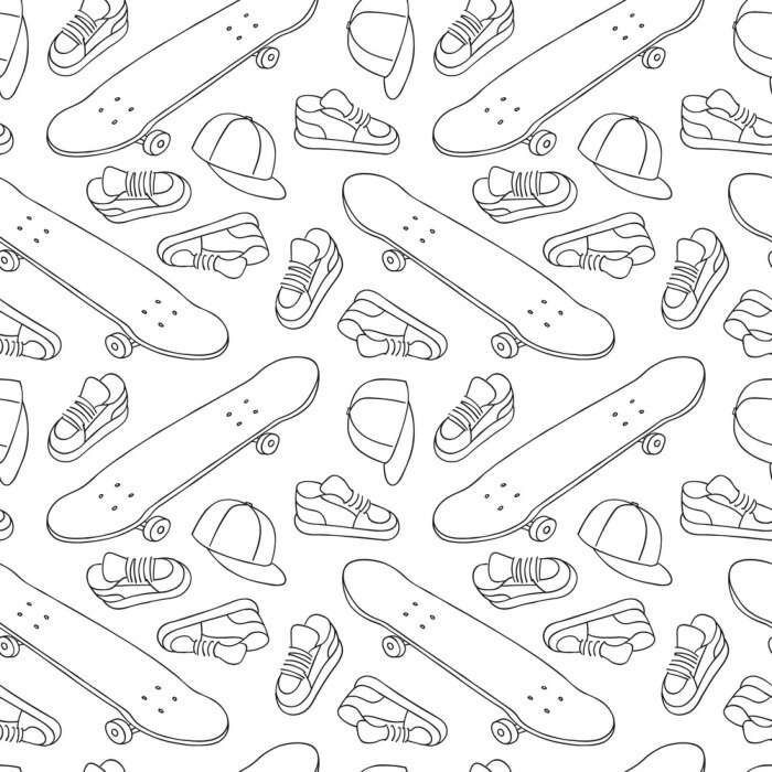 Behang Straat Skateboarding Naadloos Patroon in Zwart-wit. Repetitive Textuur met de hand getekende Skateboards, Sneakers en Caps. Vector Lifestyle Achtergrond