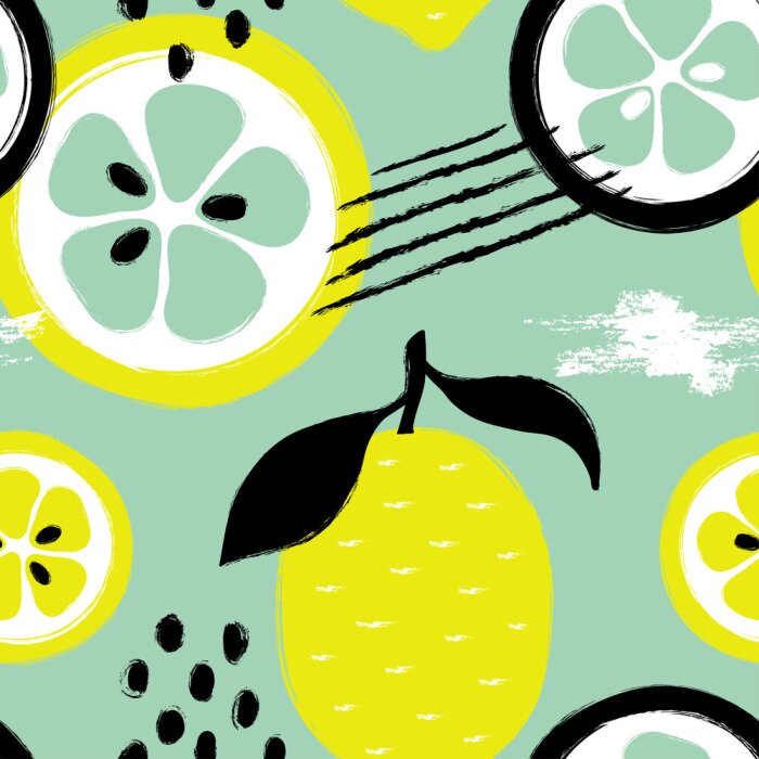 Behang Stukjes en schijfjes citroenen op een mariene achtergrond