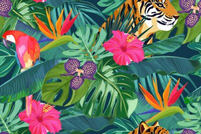 Behang Summer seamless pattern with tropical palm leaves, flowers, parrot and tiger. Jungle fashion print. Hawaiian background. Vector illustration