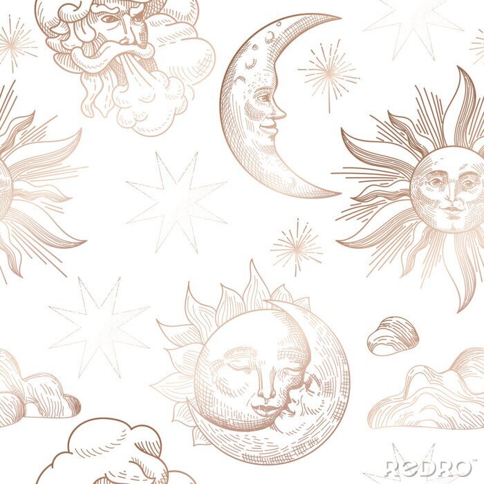 Behang Sun and Moon Vintage Seamless Pattern. Oriental Style Background with Stars and Celestial Astrological Symbols for Fabric, Wallpaper, Decoration. Vector illustration