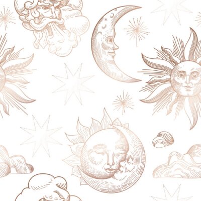 Behang Sun and Moon Vintage Seamless Pattern. Oriental Style Background with Stars and Celestial Astrological Symbols for Fabric, Wallpaper, Decoration. Vector illustration