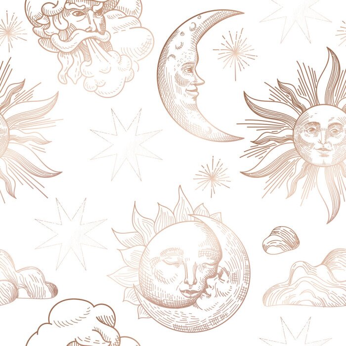 Behang Sun and Moon Vintage Seamless Pattern. Oriental Style Background with Stars and Celestial Astrological Symbols for Fabric, Wallpaper, Decoration. Vector illustration
