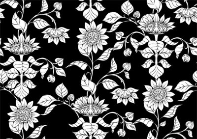 Behang Sunflower. Seamless pattern, background. Black and white graphics Vector illustration. In art nouveau style, vintage, old retro style