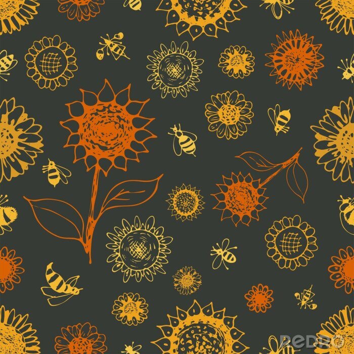 Behang Sunflowers and bees seamless pattern contour vector illustration hand drawing