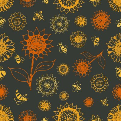Behang Sunflowers and bees seamless pattern contour vector illustration hand drawing