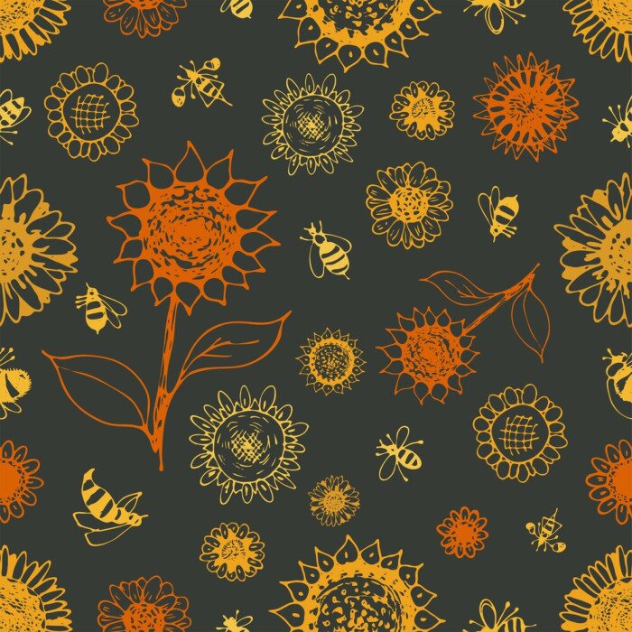 Behang Sunflowers and bees seamless pattern contour vector illustration hand drawing