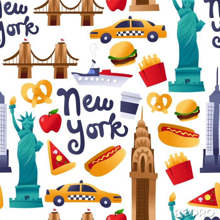 Behang Super Cute New York Culture Seamless Pattern Background