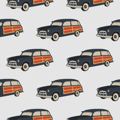 Behang Surf auto patroon. Surfen op naadloze achtergrond. De zomerachtergrond met oude die auto op witte achtergrond wordt geïsoleerd