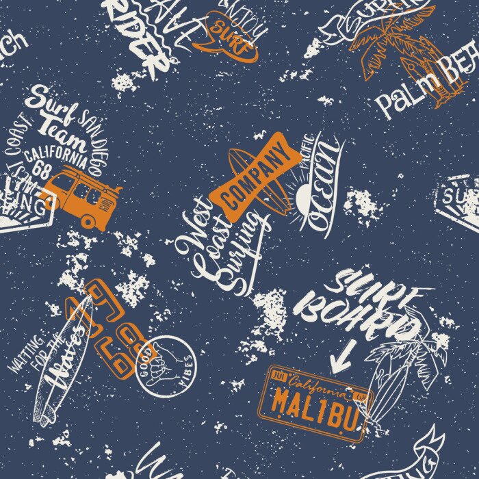 Behang Surfen West Coast naadloze patroon, abstract vector behang voor stof shirt grunge effect in afzonderlijke laag