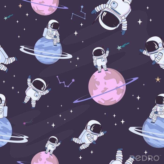 Behang Sweet space seamless pattern with fantasy chocolate cookie, candy, donut, caramel sweets planets and astronaut. Editable vector illustration