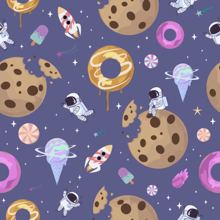 Behang Sweet space seamless pattern with fantasy chocolate cookie, candy, donut, caramel sweets planets and astronaut. Editable vector illustration