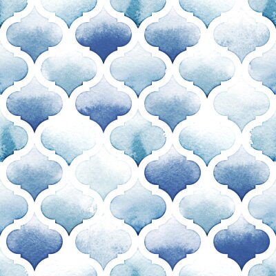 Behang Tanger tapijt van blauwe kleuren op een witte achtergrond. Watercolor naadloos patroon. Riverside en Airy Blue