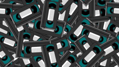 Behang Textuur, naadloos patroon van oude retro wijn grijze antieke analoge hipster film videocassettes voor een videorecorder met een magnetische film voor het bekijken van films