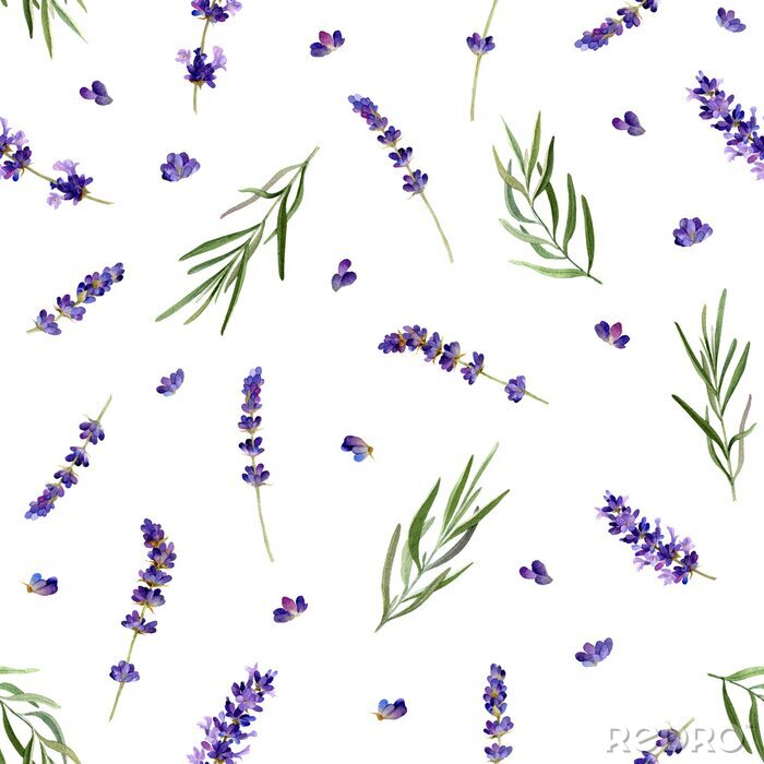 Behang The seamless pattern in a Provence style with lavender flowers and leafed branches hand drawn in watercolor isolated on a white background. Watercolor floral background. Ideal for wallpaper or fabric.