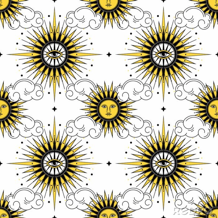 Behang The sun among the clouds on a white background.Seamless sun pattern for fabric, wallpaper, wrapping paper, cards and web backgrounds.