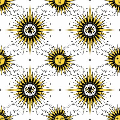 Behang The sun among the clouds on a white background.Seamless sun pattern for fabric, wallpaper, wrapping paper, cards and web backgrounds.