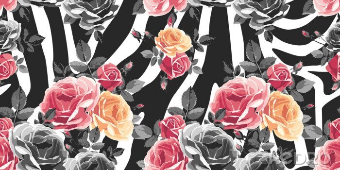 Behang Thee rozen roze en grijze gestreepte achtergrond