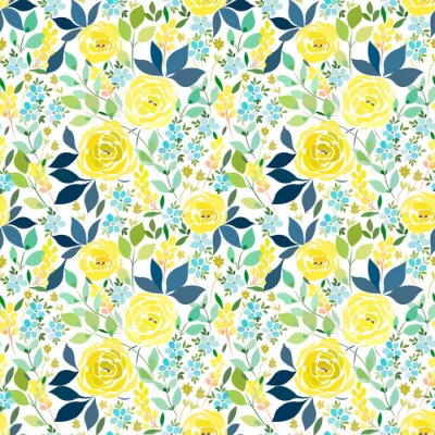 Behang Theeroosjes vergezeld van vergeet-mij-nietjes