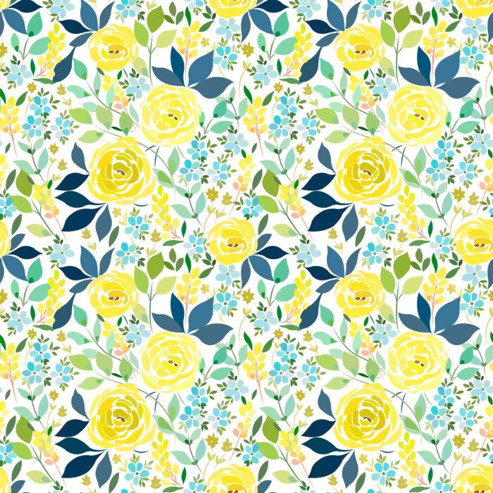 Behang Theeroosjes vergezeld van vergeet-mij-nietjes