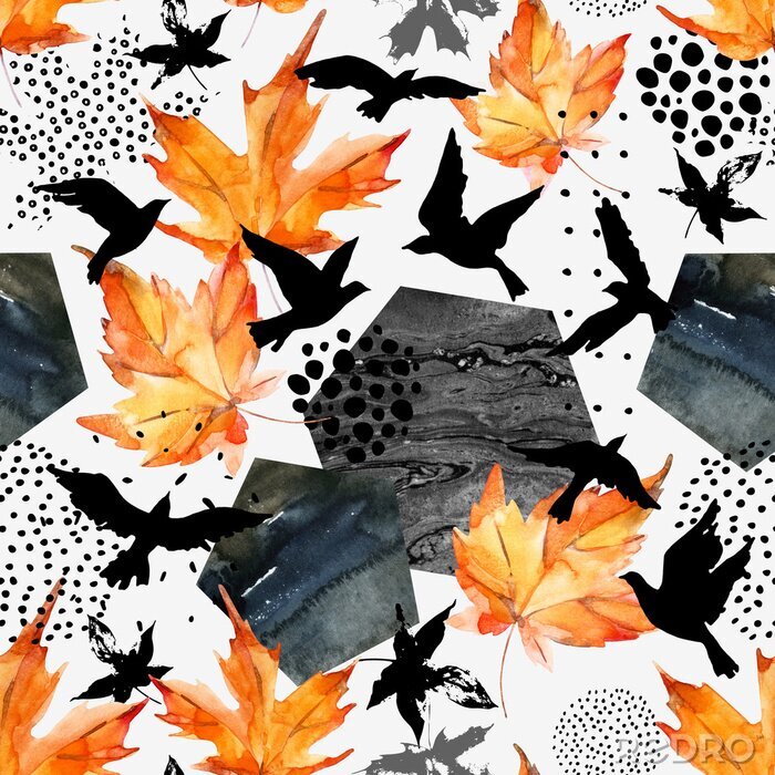 Behang Thema met stipvogels en herfstbladeren
