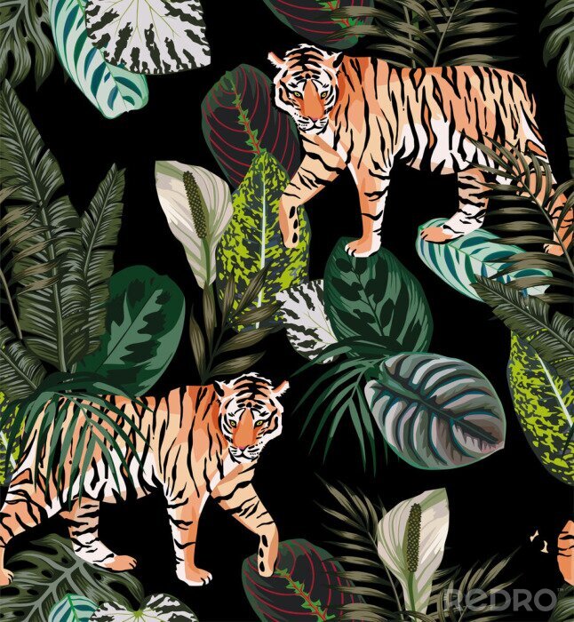 Behang tiger dark jungle pattern