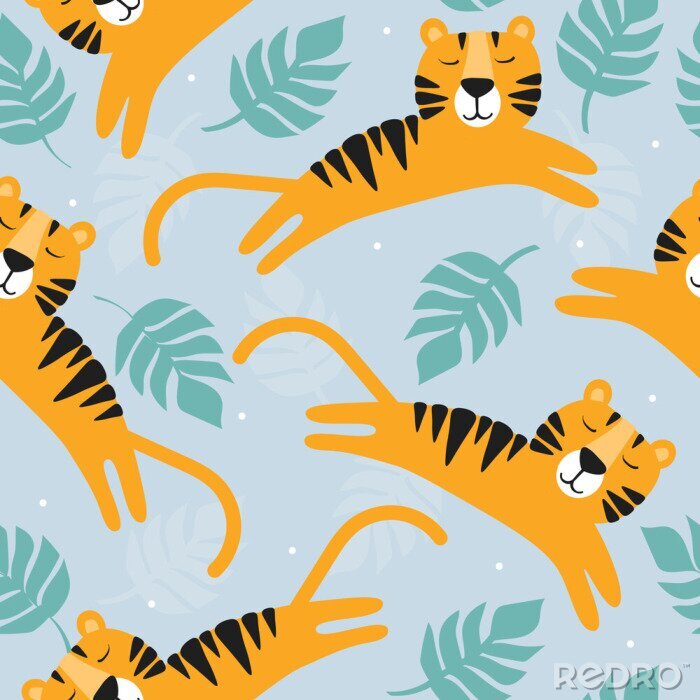 Behang Tigers, leaves, hand drawn backdrop. Colorful seamless pattern with animals. Decorative cute wallpaper, good for printing. Overlapping background vector. Design illustration
