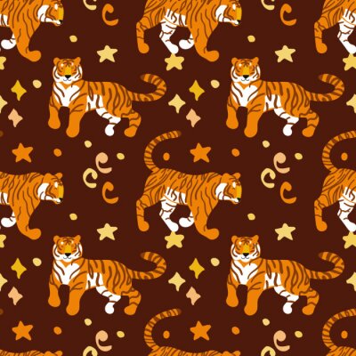 Behang Tigers. Vector hand drawn seamless pattern. Ornament with predators. Wild cats background.