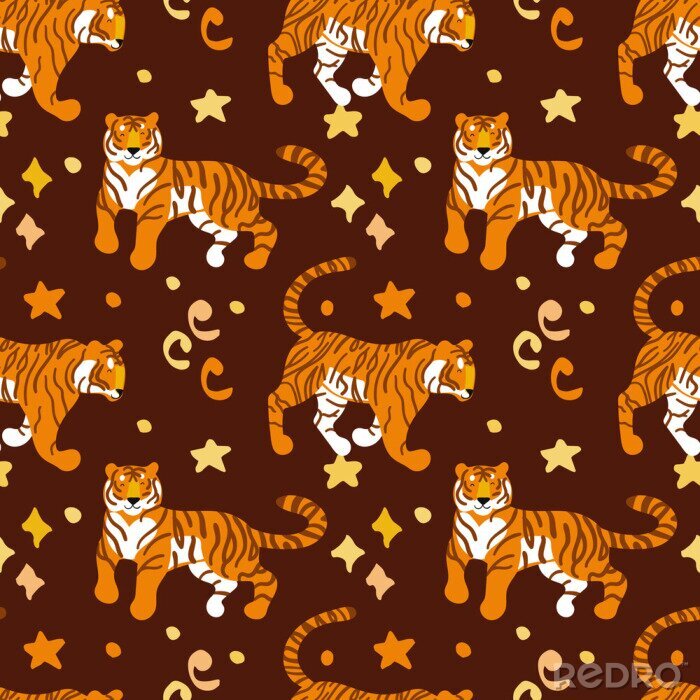 Behang Tigers. Vector hand drawn seamless pattern. Ornament with predators. Wild cats background.