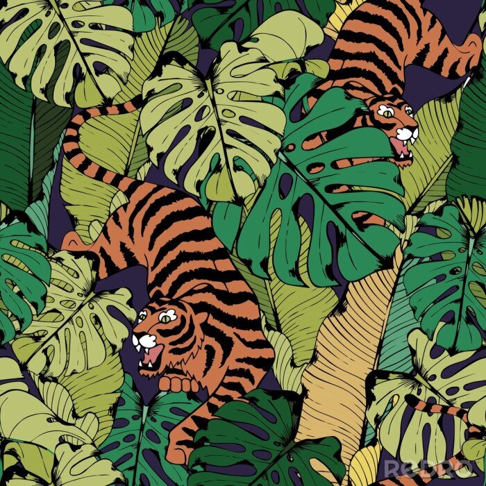 Behang Tijger in tropische bladeren. Crouching Tiger. Naadloos vectorpatroon
