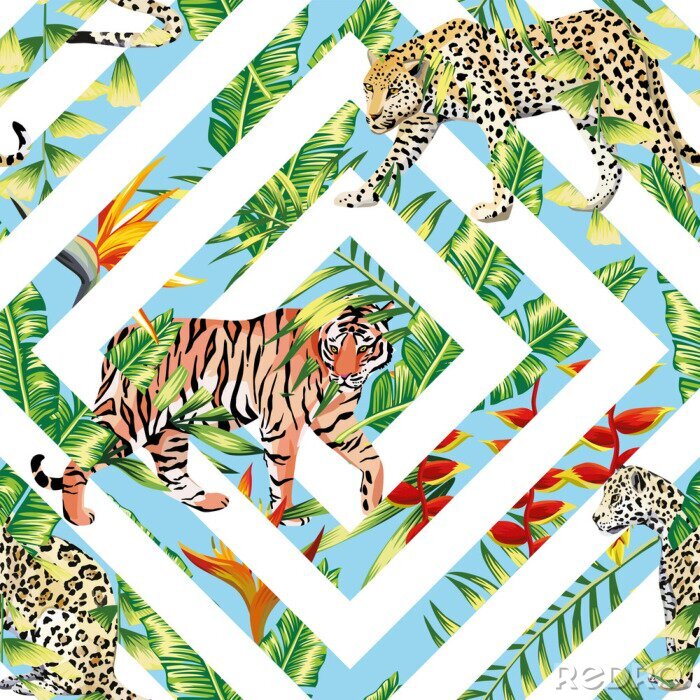 Behang Tijger luipaard naadloze tropische bladeren geometrische achtergrond