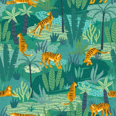 Behang Tijgers en groene palmbladeren