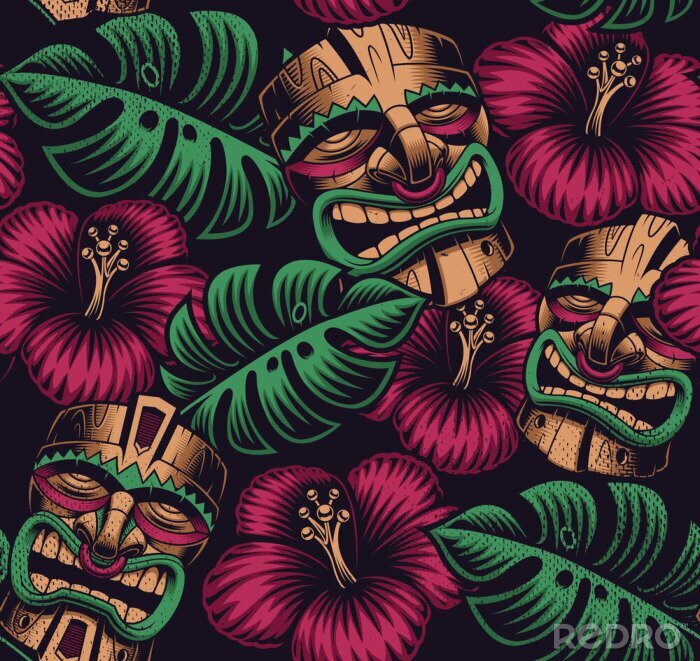 Behang Tiki-masker tussen tropische bladeren en bloemen