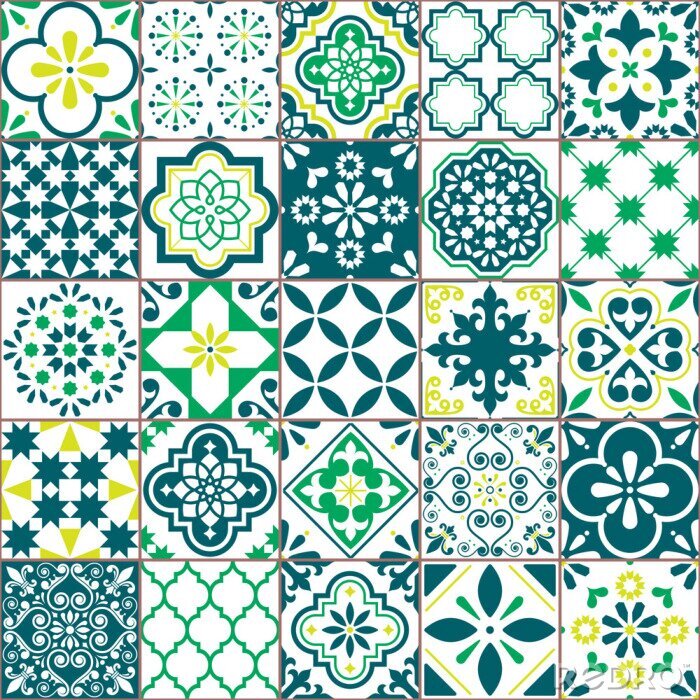 Behang Tile vector pattern - Azulejo Lisbon retro old tiles mosaic, Portuguese seamless green design