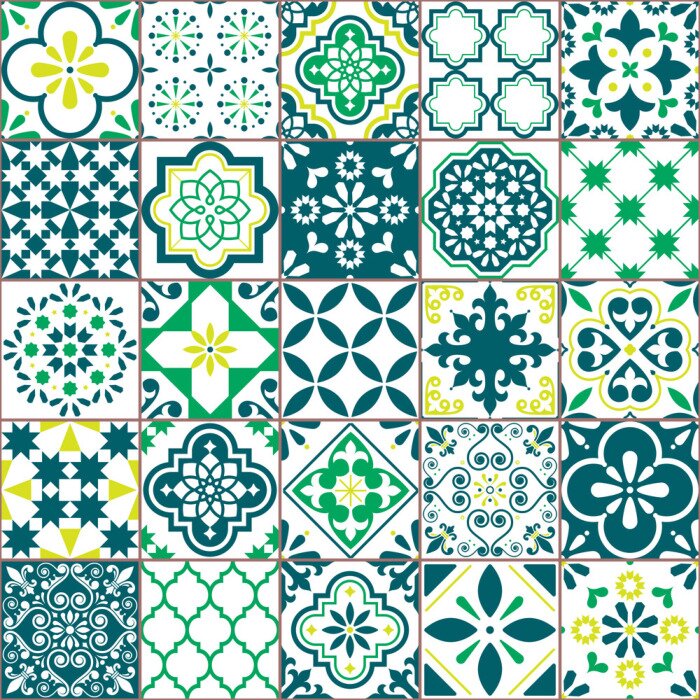 Behang Tile vector pattern - Azulejo Lisbon retro old tiles mosaic, Portuguese seamless green design