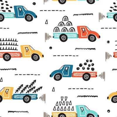Behang Toy Cars Vector Seamless Pattern with Doodle Dump Trucks. Cartoon Transportation Background for Kids. 