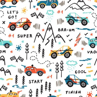 Behang Toy Racing Cars Vector Seamless Pattern with Doodle Buggy Car and Highlands. Cartoon Transportation Background for Kids.