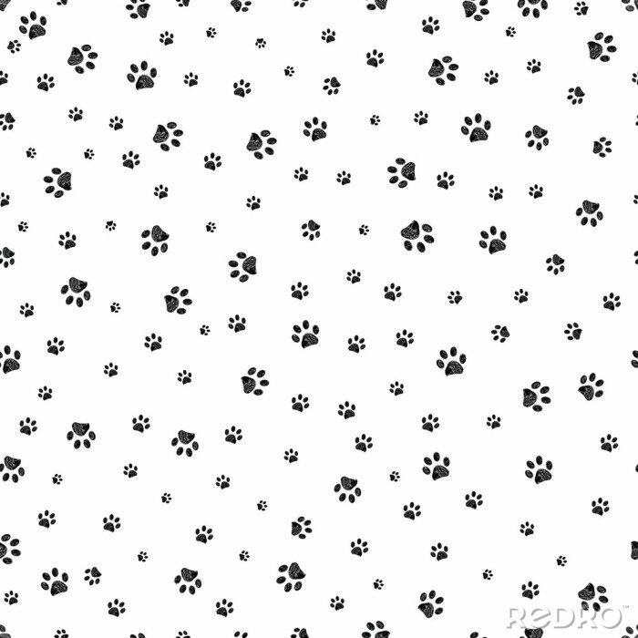 Behang Trace black doodle paw prints seamless pattern background