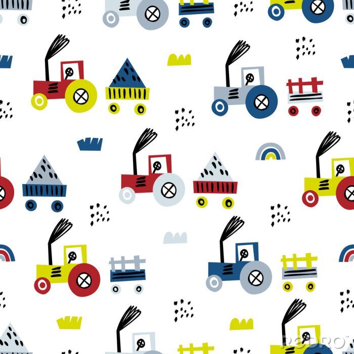 Behang Tractor seamless pattern. Funny cute hand drawn kids toy transport. Baby cartoon tractor vector seamless pattern on white background.