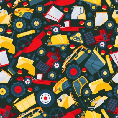 Behang Tractor, truck car, big worker machine seamless pattern, flat vector illustration. Mechanical engineering, machinery, transporter. Wrapping design paper, packaging, banner for harvest technics.