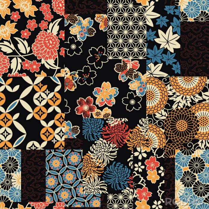 Behang Traditional Japanese textile fabric patchwork wallpaper  abstract floral vector seamless pattern