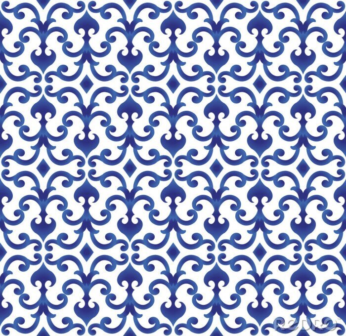 Behang Traditioneel wit en blauw Chinees patroon