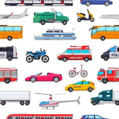 Behang Transport vector openbaar vervoerbaar voertuig vliegtuig of trein en auto of fiets voor vervoer in stad illustratie set van ambulance brandweerauto en politie auto naadloze patroon achtergrond
